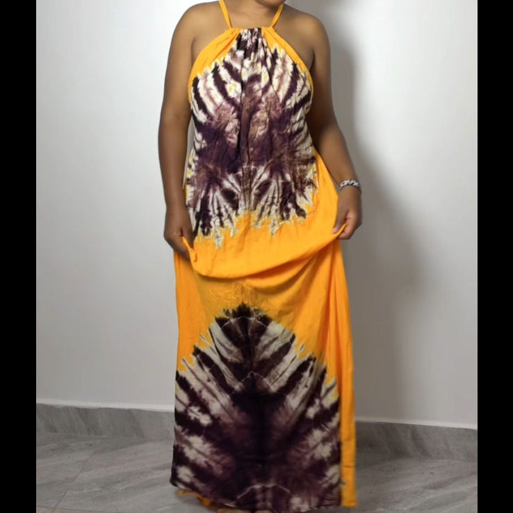 Golden Ember Tie-Dye Maxi Backless Dera