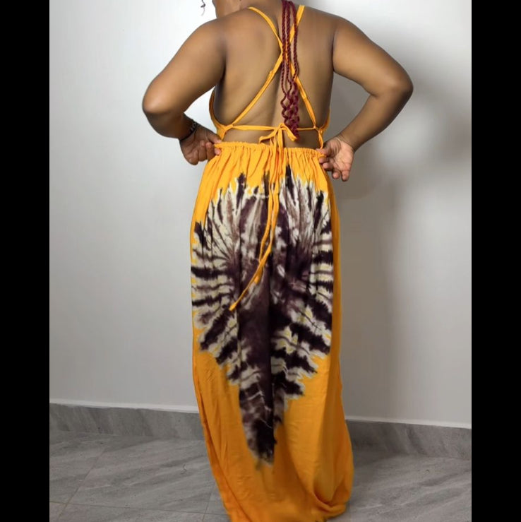 Golden Ember Tie-Dye Maxi Backless Dera